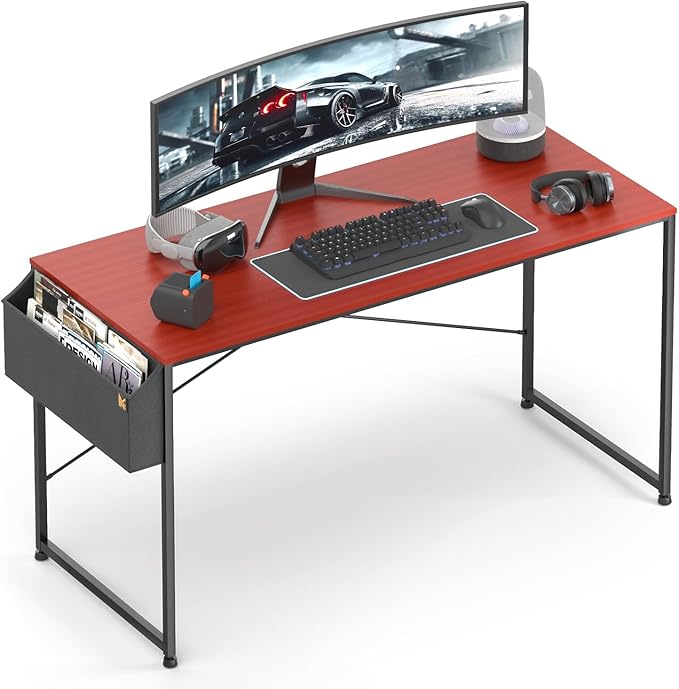 MoNiBloom Home Office Computer Desk with Storage Bag, 55" Writing Study Modern Simple Style Laptop Table, Teak Color