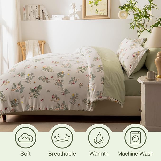 EMME Queen Comforter Set - Sage Green Floral Bedding Set 7 PCS with Flowers Leaves Pattern, Soft Plant Printed Botanical Bed Set with Sheets, Fluffy Bed Bag for All Season(90"X90")