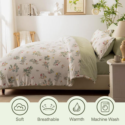 EMME Queen Comforter Set - Sage Green Floral Bedding Set 7 PCS with Flowers Leaves Pattern, Soft Plant Printed Botanical Bed Set with Sheets, Fluffy Bed Bag for All Season(90"X90")