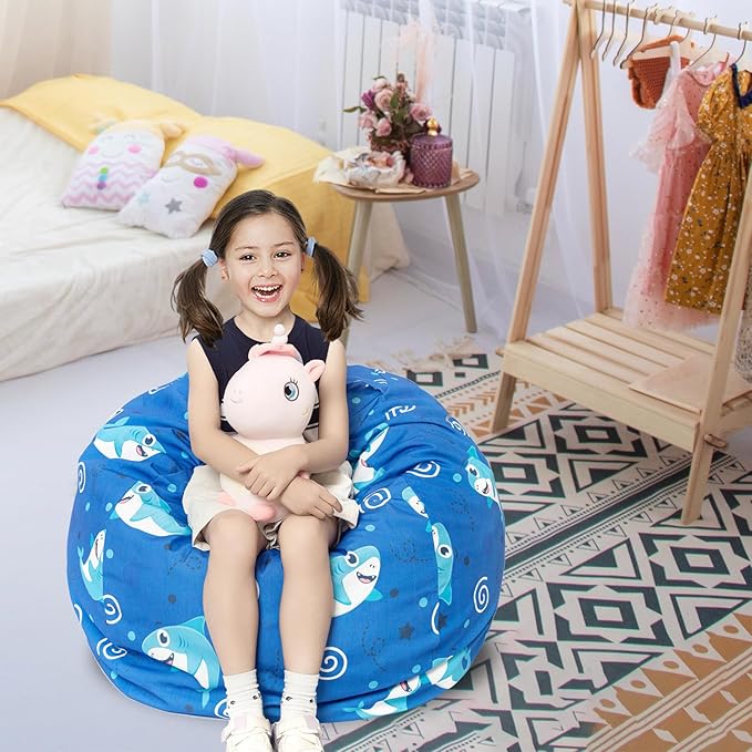Stuffed Animal Storage Bean Bag Chair Cover, Hold Kids Plush Toys Blankets Towels Beanbag (Cover Only), Canvas Floor Circle Stuff Sit Seat Sofa with YKK Zipper, Large 32", Blue Shark