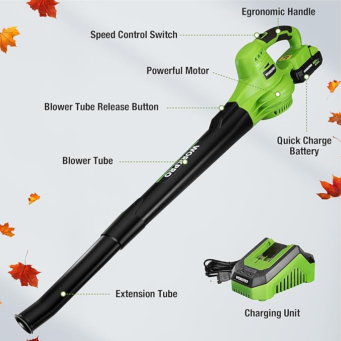 WORKPRO Cordless Leaf Blower, 20V Battery Powered Leaf Blower for Lawn Care, 2-Speed Control Lightweight Mini Electric Leaf Blower wih Battery and Charger