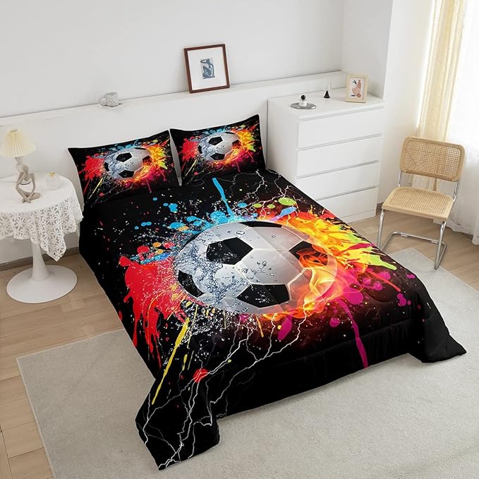 Kids Soccer Full Size Comforter Set For Boys Football Sports Bedding Set Teen Colorful Grunge Hippie Tie Dye Quilt Comforter Red Blue Water Fire Lightning Duvet Insert Lightweight Bedroom Dorm Decor