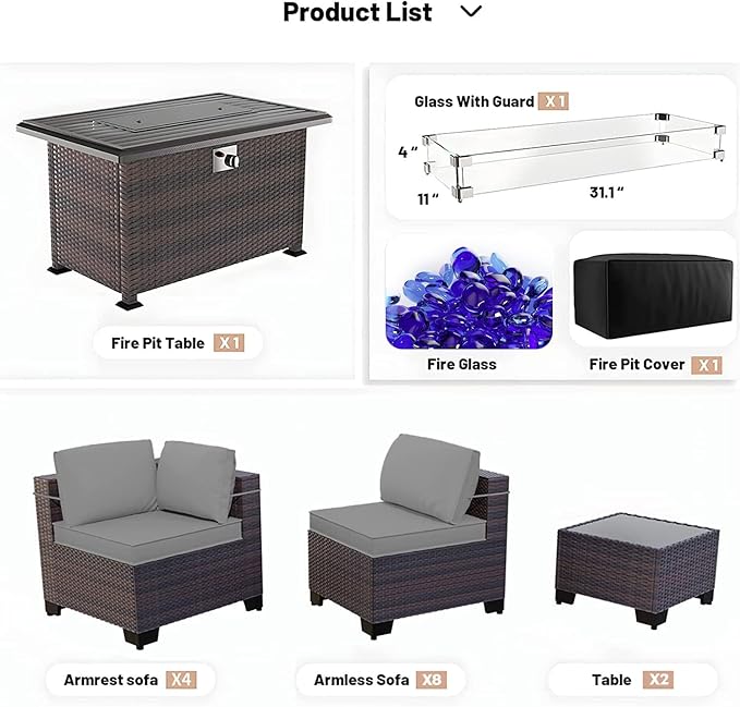 Kullavik 15PCS Outdoor Patio Furniture Set with 43" 55000BTU Gas Propane Fire Pit Table PE Wicker Rattan Sectional Sofa Patio Conversation Sets for Backyard,Grey Cushions