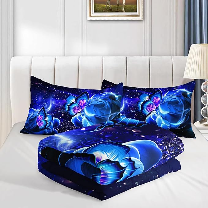 Galaxy Butterfly Comforter Set Twin Size for Girls Kids Adults Butterfly Rose Bedding Set Aesthetics Butterflies Quilt Bed Set with 1 Comforter and 2 Pillowcases