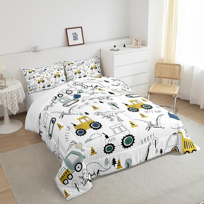 Feelyou Construction Comforter Set Queen Size Kids Cartoon Car Excavator Tractor Toddler Comforter Equipment Trucks Dinosaur Comforter Set Construction Vehicles White Yellow Duvet Set Quilt Set