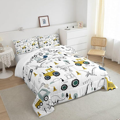 Feelyou Construction Comforter Set Queen Size Kids Cartoon Car Excavator Tractor Toddler Comforter Equipment Trucks Dinosaur Comforter Set Construction Vehicles White Yellow Duvet Set Quilt Set