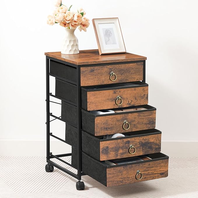 HOOBRO 5-Drawer Chest, File Cabinet, Office Cabinet with Drawers, Rolling Printer Stand, Filing Cabinet for Living Room, Home Office, Nonwovens Drawer, Easy Assembly, Rustic Brown BF50WJ01