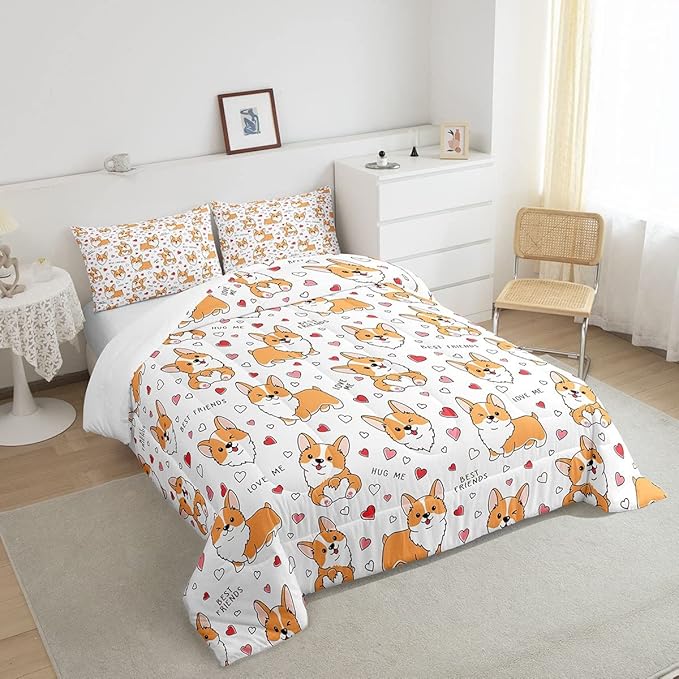 Kids Kawaii Corgi Comforter Set Toddler Cute Dog All Season Down Comforter Boys Girls Cartoon Puppy Dog Bedding Set Lovely Animal Quilt Set Room Decor 3Pcs with 2 Pillow Case Full Size
