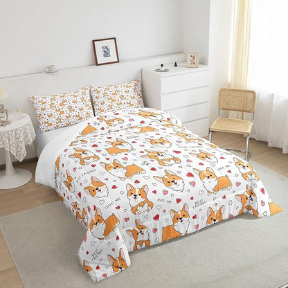 Feelyou Kids Kawaii Corgi Comforter Set Toddler Cute Dog All Season Down Comforter Boys Girls Cartoon Puppy Dog Bedding Set Lovely Animal Quilt Set Room Decor 2Pcs with 1 Pillow Case Twin Size