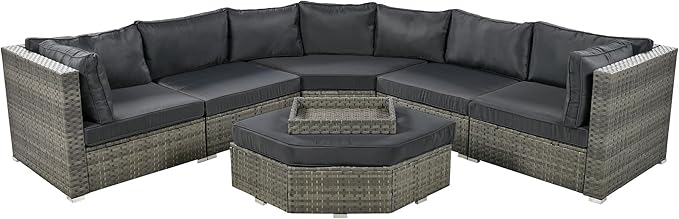 Patio 7-Piece Set, Half-Moon Curved Sectional Sofa Outdoor Rattan Furniture with Ottoman and No-Slip Cushions for Balcony, Porch, Garden, Zc-Grey