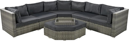 Patio 7-Piece Set, Half-Moon Curved Sectional Sofa Outdoor Rattan Furniture with Ottoman and No-Slip Cushions for Balcony, Porch, Garden, Zc-Grey