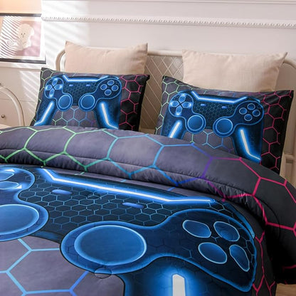 NTBED Game Console Comforter Set for Boys Girls Kids 3D Gaming Geometric Lightweight Microfiber Bedding Sets (Multi, Queen)