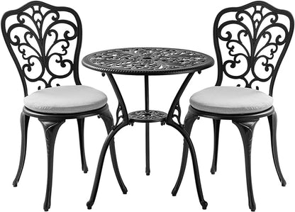 3 Piece Bistro Patio Set Cast Aluminum Bistro Table and Chairs Set of 2 with Cushion,Outdoor Bistro Table Set with Umbrella Hole,Metal Patio Furniture Set for Garden,Black