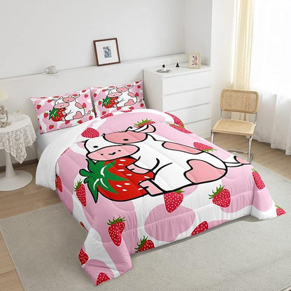 Feelyou Milk Cow Comforter Pink White Cow Strawberry Pattern Comforter Set Bedding Set for Kids Adults Kawaii Girls Milk Cow Print Duvet Set Ultra Soft Room Decor Queen Size Quilt Set