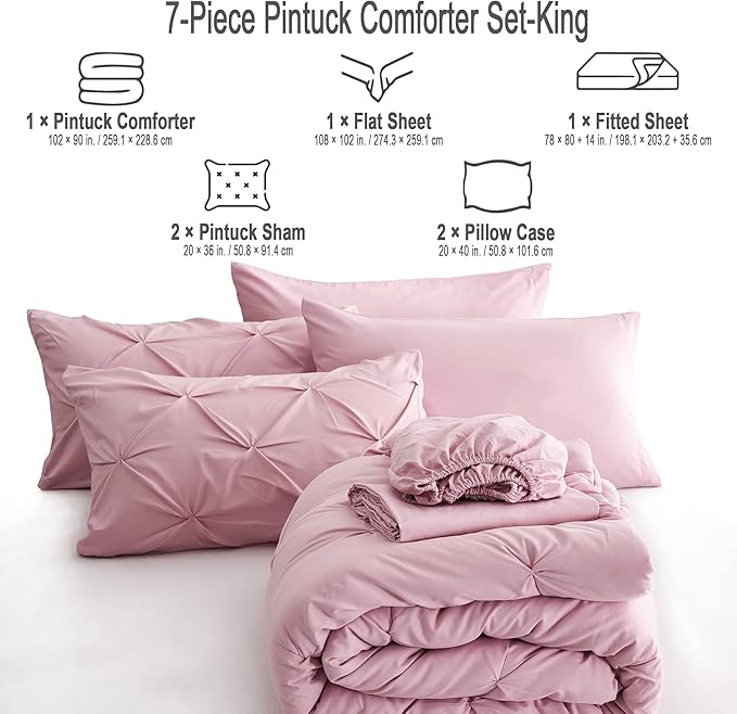 Ubauba 7pc King Size Comforter Set with Sheets, Blush 7 Piece Pintuck Bed in a Bag with Comforters and Sheets, Soft Fluffy Pinch Pleat Bedding Sets for Women (Pink,King)