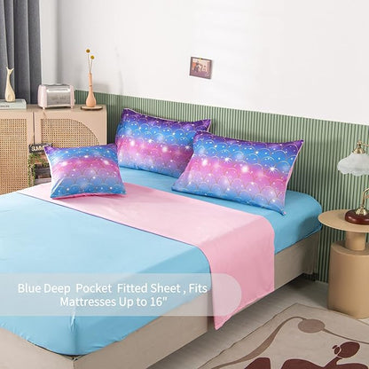 RYNGHIPY 6Pcs Teal Pink Sparkle Mermaid Comforter Sets Queen Size, 3D Rainbow Glitter Girls Bedding Sets, Ombre Pastel Fish Scale Bedding Collection Sets
