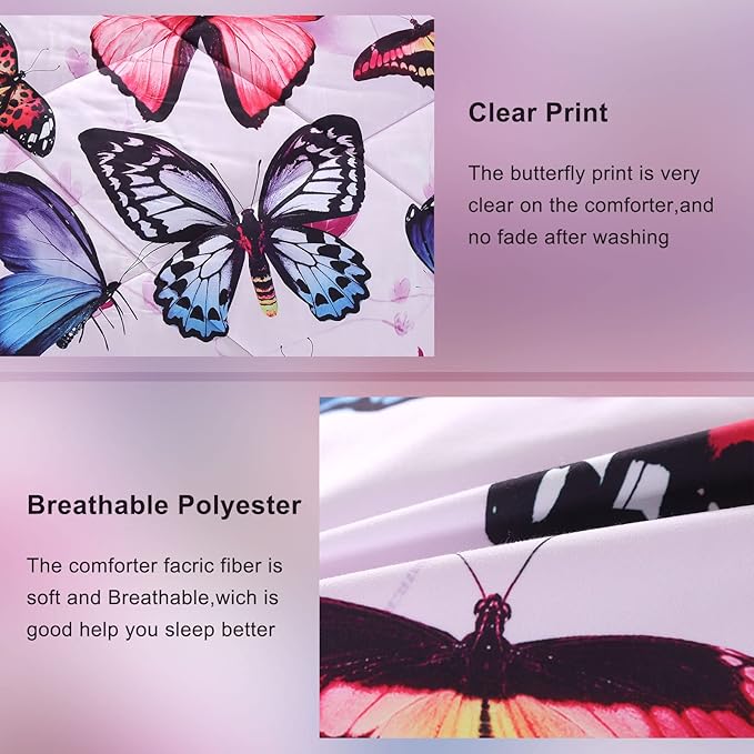 ENCOFT Butterfly Comforter Queen Size, 3 Pieces Girls Teen Kids Quilted Bedspread Queen Bed Comforter Bedding Sets, All Seasons Microfiber Purple Butterfly Bedding Set, with Pillowcase