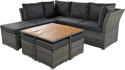 9-Pieces Outdoor Rattan Sectional Sofa Set, Wicker Patio Conversation Furniture with L-shape Couch&Storage Ottomans, Acacia Wood Coffee Table, for Garden Yard, Grey Wicker&Grey Cushion