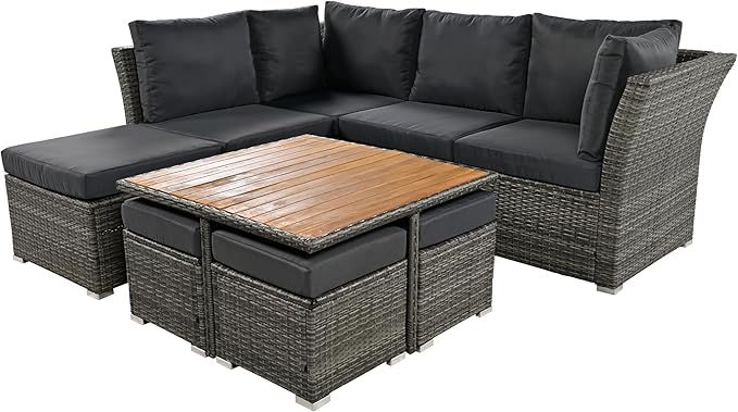 9 Piece Patio Furniture Set with Solid Wood Coffee Table and Ottomans, Rattan Modular Outdoor Sectional Conversation Sofa, for Garden Backyard, Onesize, Gray