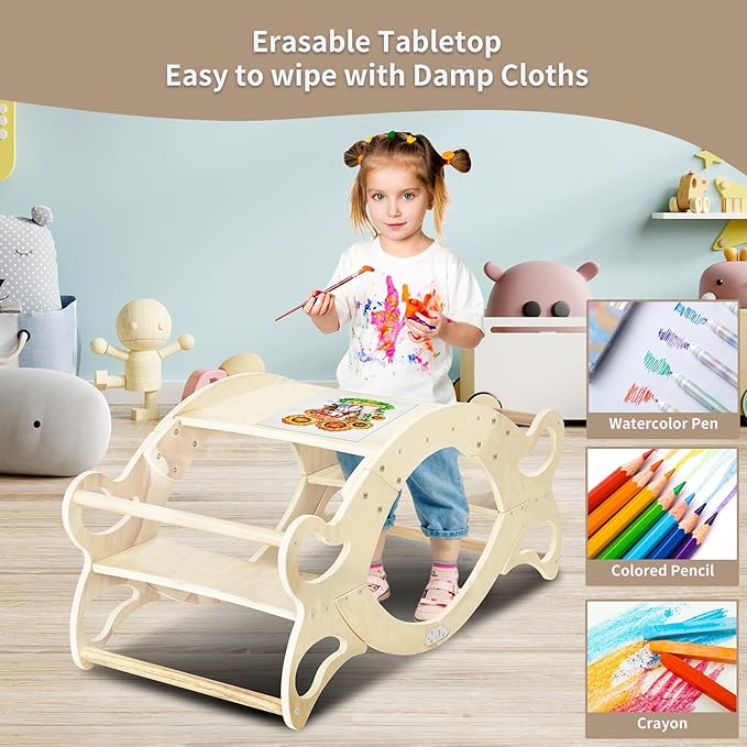 Wooden 2 in-1 Kids Table and Chair Set, Kids Activity Table for Drawing Read Playing, Toddler Learning Play Table Toys for Home, Nursery, Playroom, Gift for Boy & Girl (Natural)
