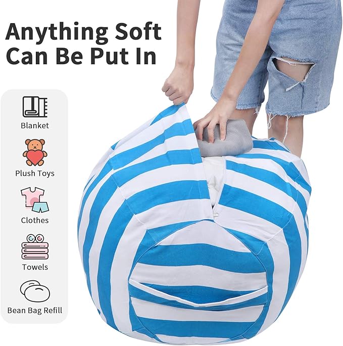 2 PCS Stuffed Animal Storage Bean Bag Chair Cover, Cotton Canvas Beanbag with Zipper for Organizing Kid's and Adults Room Blue 24"