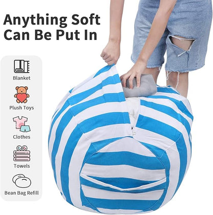 2 PCS Stuffed Animal Storage Bean Bag Chair Cover, Cotton Canvas Beanbag with Zipper for Organizing Kid's and Adults Room Blue 24"