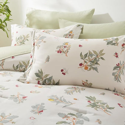 EMME Twin Comforter Set - Sage Green Floral Bedding Set 5 PCS with Flowers Leaves Pattern, Soft Plant Printed Botanical Bed Set with Sheets, Fluffy Bed Bag for All Season(68"X90")