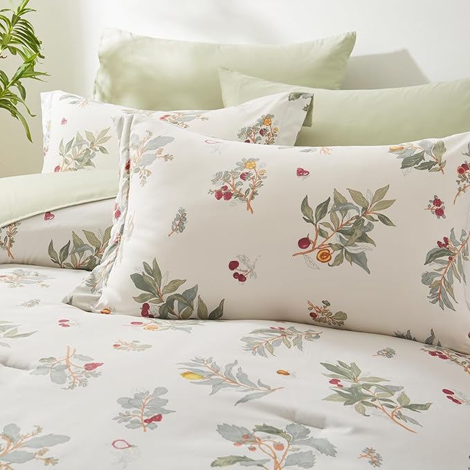 EMME Botanical Sage Green Comforter Set King Size 7 Pieces＿Brushed Microfiber Bed in a Bag for Girls, Ultra Soft Bedding Set with Sheets (Sage Green, King (7 Piece), Adult