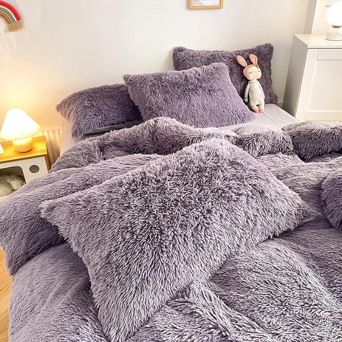 Faux Fur Kid Girls Purple Comforter Sets Twin/Full - 3PC Bed Set Warm Comfortable Soft Plush Flannel Velvet Fluffy Fuzzy Bedding（Comforter x 1 Pillowcases x 2）