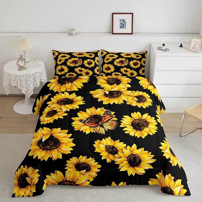Feelyou Sunflower Bedding Set Girls Yellow Floral Butterfly Comforter Chic Flowers Pattern Comforter Set for Kids Teens Botanical Nature Duvet Set Ultra Soft Room Decor Twin Size