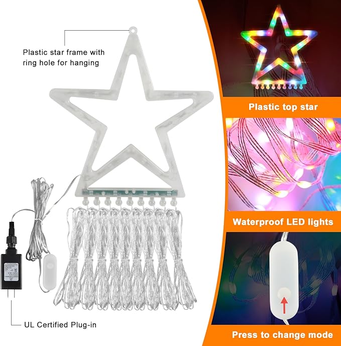 PUHONG Christmas Decoration Star Flowing Multicolor Color Changing Lights Outdoor, 320 LED 16.4Ft Star Waterfall Tree Lights with 8 Lighting Modes Remote Timer, for Xmas New Year Holiday Birthday