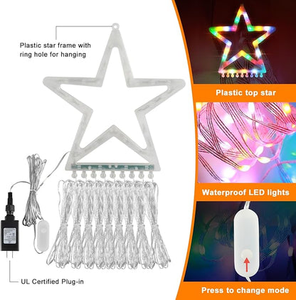 PUHONG Christmas Decoration Star Flowing Multicolor Color Changing Lights Outdoor, 320 LED 16.4Ft Star Waterfall Tree Lights with 8 Lighting Modes Remote Timer, for Xmas New Year Holiday Birthday
