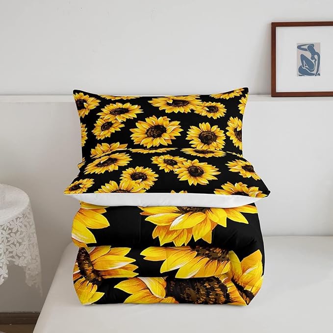 Erosebridal Yellow Sunflowers Bedding Black Yellow Comforter Set Gold Yellow Sunflowers Printed Luxury Black Boys Girls Bedding Sets Twin 1 Down Comforter 2 Pillowcases (King, Black Sunflowers)