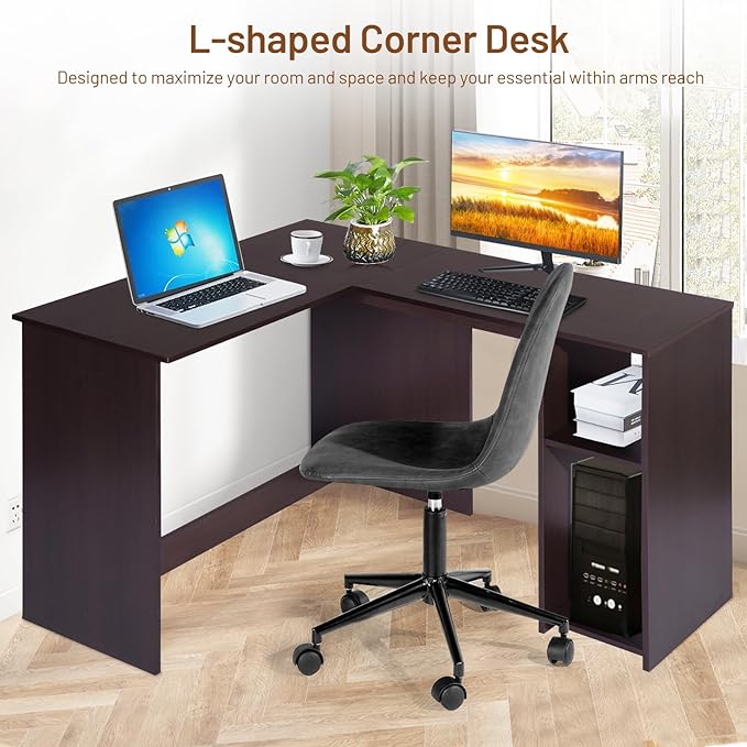 FurnitureR 47.2-Inch L-Shaped Computer Desk Home Office Study Writing Corner Gaming Table Retro Design Work Station Space-Saving for Study Room Bedroom, Brown