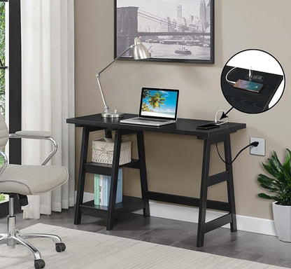 Convenience Concepts Designs2Go Trestle Desk with Charging Station and Shelves, Black