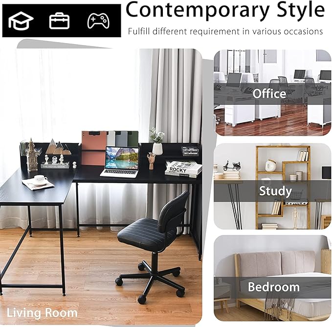 LUARANE 65.5 Inches L-Shaped Desk, Industrial Computer Desk with Hutch File Rack, Space Saving Corner Desk with Metal Frame, Computer Workstation for Home Office (Black)