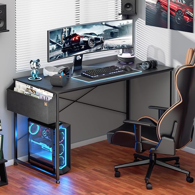 MoNiBloom Computer Desk 55", Simple Style Home Gaming Desk with Storage Bag, Office Writing Workstation- Black