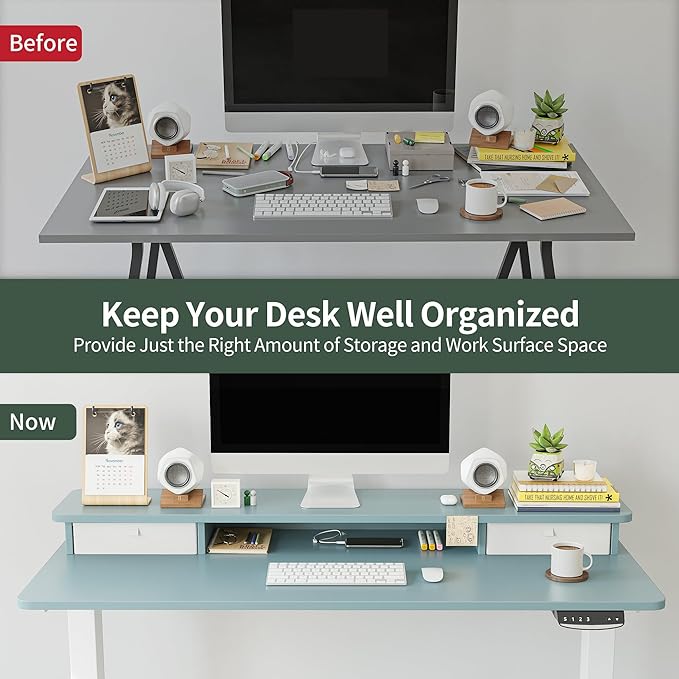 FEZIBO 55 x 24 Inch Height Adjustable Electric Standing Desk with Double Drawer, Stand Up Desk with Storage Shelf, Sit Stand Desk, Blue