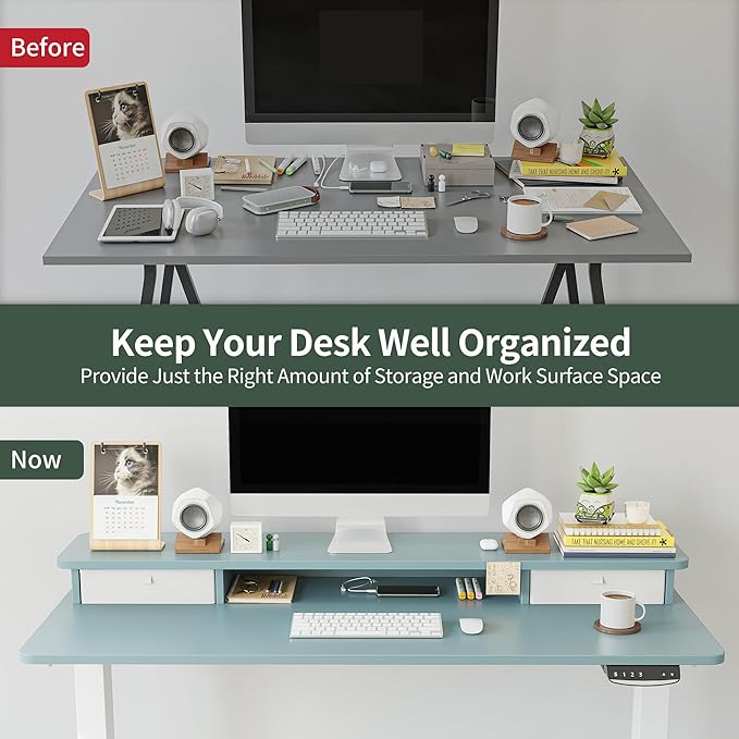 FEZIBO 60 x 24 Inch Height Adjustable Electric Standing Desk with Double Drawer, Stand Up Desk with Storage Shelf, Sit Stand Desk, Blue