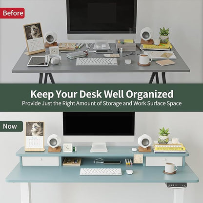 FEZIBO 60 x 24 Inch Height Adjustable Electric Standing Desk with Double Drawer, Stand Up Desk with Storage Shelf, Sit Stand Desk, Blue