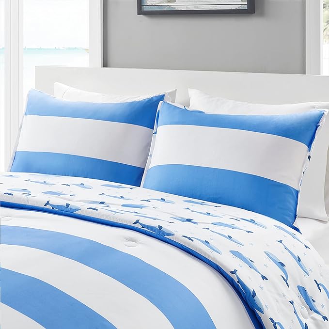Mizone Kids Blake Reversible Dolphin Comforter Set - Adventure Animal Adorable Print with Stripe Reverse, Fun Bedroom Décor, Modern All Season Kids Bedding, Matching Sham, Blue 2 Piece, Full/Queen