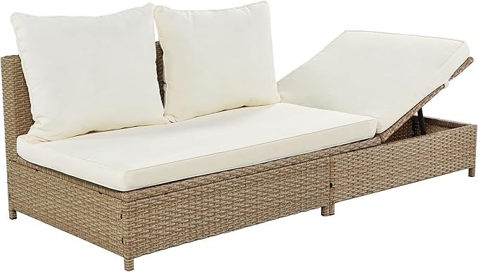 Merax Patio Furniture Sets Outdoor, All Weather PE Rattan Sofa with Adjustable Chaise Lounge, Seat Cushions and Tempered Glass Table, Beige