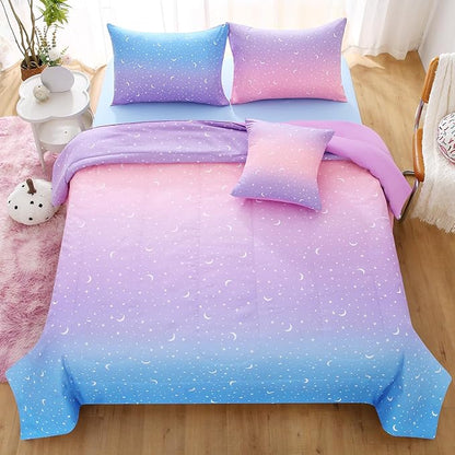 JQinHome Full Girls Comforter Set,6 Piece Bed in A Bag 3D Purple Orange Glitter Bedding Set -All Season Microfiber Rainbow Bedding Sets for Girls Women