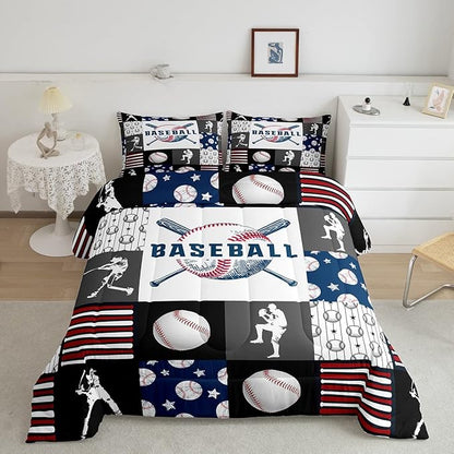 Teen Boy Sports Baseball Queen Bedding Set,Kids Baseball Athlete Comforter Set,Grunge Hippie Tie Dye Ball Bed Comforter Sets Room Decor Patchwork Pattern 2 Pillow Cases（Red Blue Black White Grey）