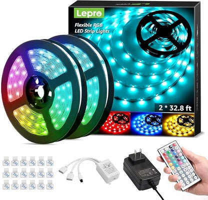 Lepro 65.6ft LED Strip Lights, Ultra-Long RGB 5050 LED Strips with Remote Controller and Fixing Clips, Color Changing Tape Light with 12V ETL Listed Adapter for Bedroom, Room, Kitchen, Bar(32.8FTX 2)