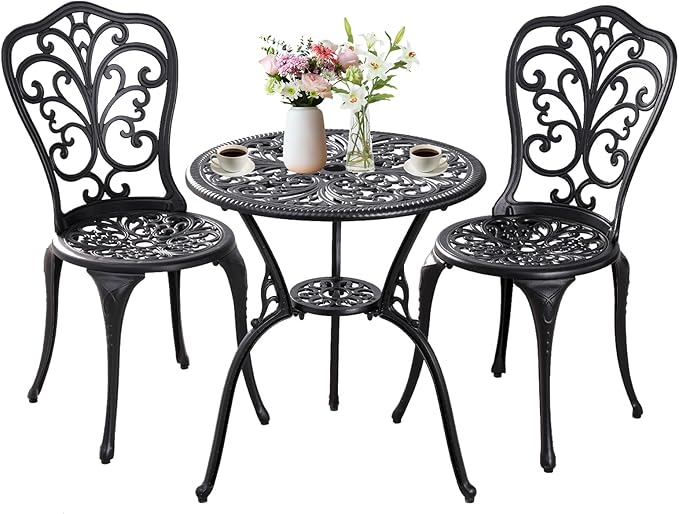 Patio Bistro Set 3 Piece Outdoor,Cast Aluminum Outdoor Bistro Table and Chair Set of 2 with 1.97" Umbrella Hole,All Weather Metal Bistro Table Set for Front Porch Set(Butterfly Black)