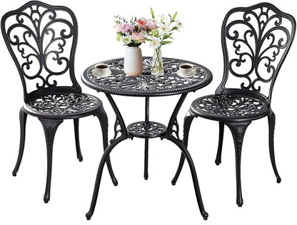 Patio Bistro Set 3 Piece Outdoor,Cast Aluminum Outdoor Bistro Table and Chair Set of 2 with 1.97" Umbrella Hole,All Weather Metal Bistro Table Set for Front Porch Set(Butterfly Black)