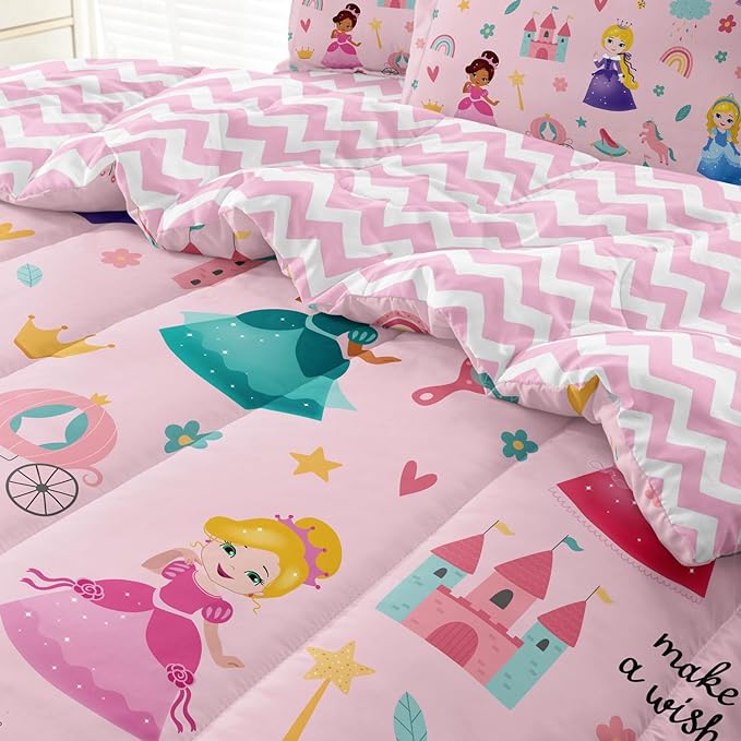 Kids Magical Princess Comforter Set Bed in a Bag Full Size- 5 Piece Soft Cute Castle Bedding Set for Girls (1 Comforter, 1 Flat Sheet, 1 Fitted Sheet, 2 Pillowcases), Pink