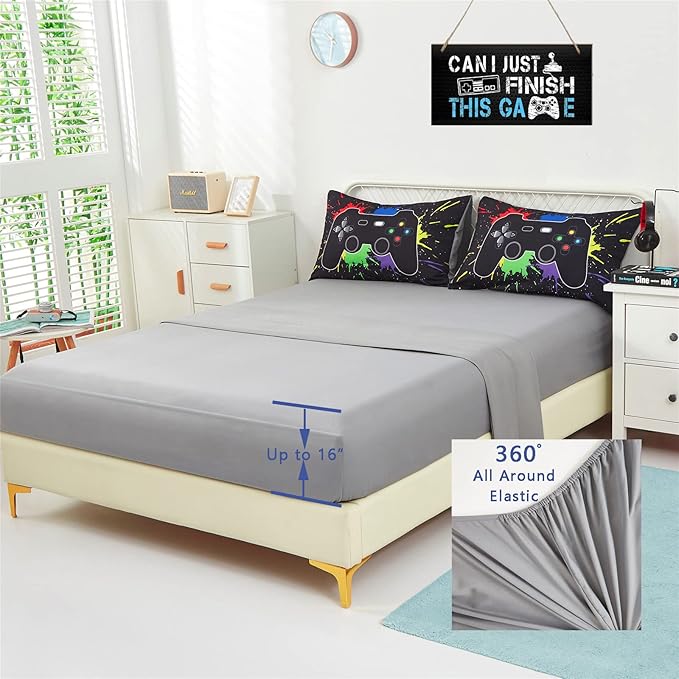 KAKKI 4 Piece Boys Twin Gamer Comforter Set with Sheets, 3D Colorful Video Game Controller Comforter for Kids Teen, All Season Soft Microfiber Gaming Bedding Set(Black,Twin)