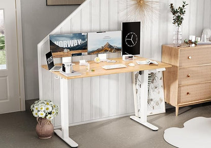 Bamboo Electric Standing Desk, 55x24 Inches Adjustable Height Stand up Desk with Whole Piece Desktop, Sit Stand Home Office Desk White Frame/Bamboo Top